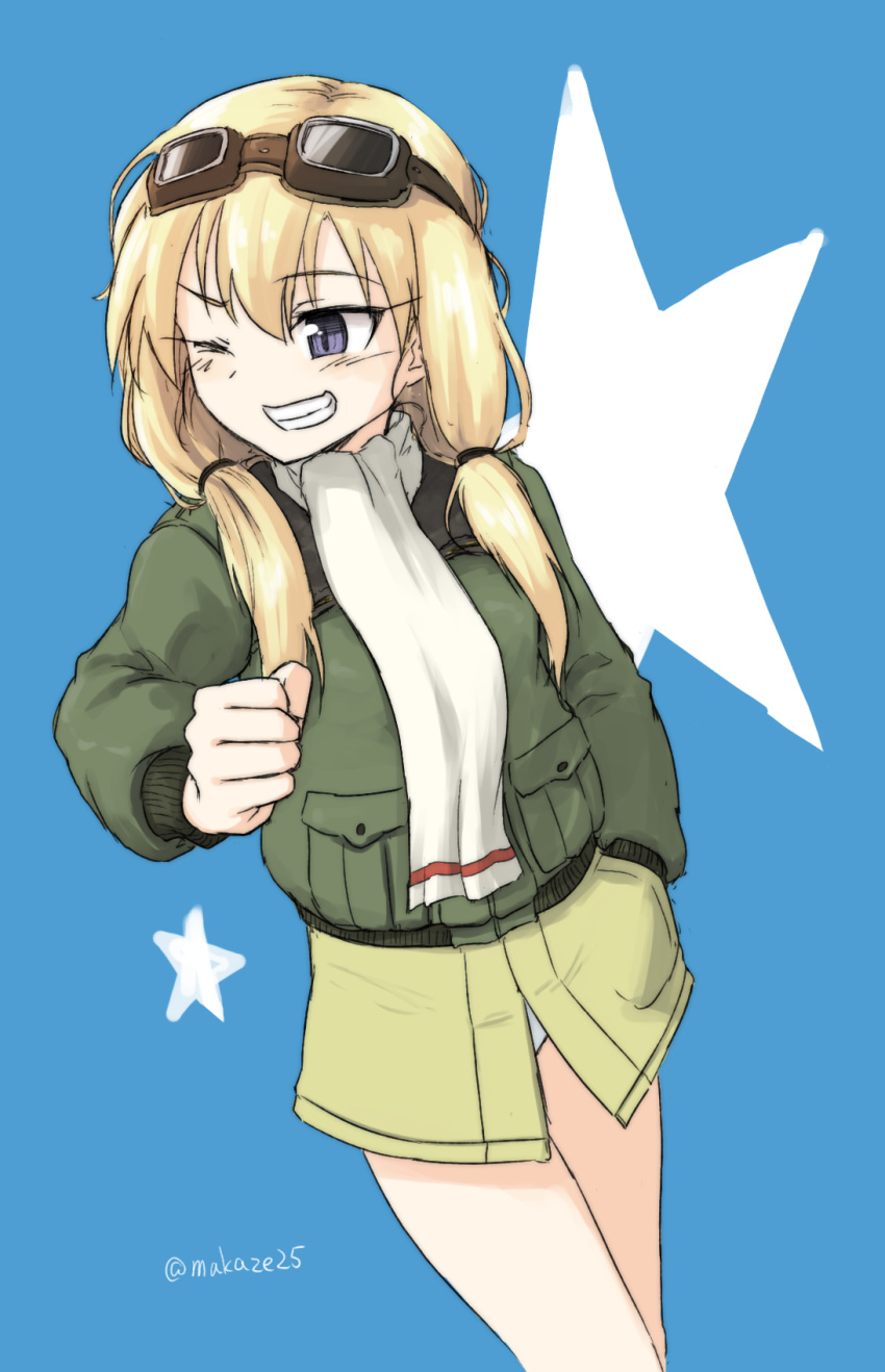 1girl ;d blonde_hair blue_background blue_eyes bomber_jacket carla_j_luksic clenched_hand dutch_angle eyebrows eyebrows_visible_through_hair goggles goggles_on_head hair_between_eyes hand_in_pocket highres jacket long_hair long_sleeves low_twintails makaze_(t-junction) military military_uniform one_eye_closed open_mouth panties scarf signature simple_background smile solo star strike_witches twintails underwear uniform white_panties world_witches_series