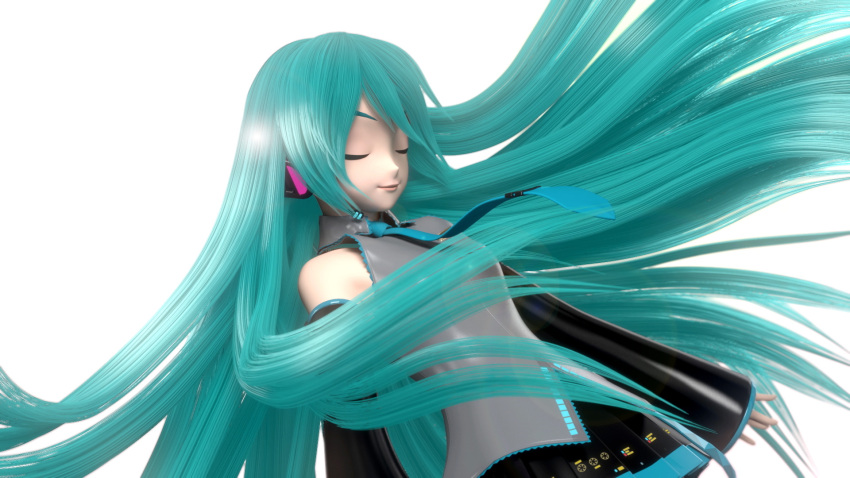 1girl 3d closed_eyes detached_sleeves green_eyes hair_down hatsune_miku highres long_hair necktie pleated_skirt simple_background skirt smile solo very_long_hair vocaloid white_background