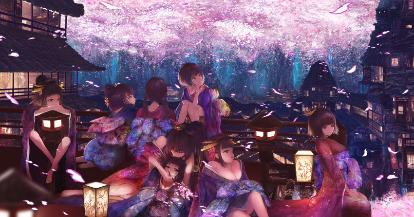 6+girls architecture barefoot black_eyes breasts building cherry_blossoms city cleavage commentary crossed_arms dark east_asian_architecture hair_ornament hands_on_lap head_rest japanese_clothes kimono lantern long_hair looking_to_the_side lying multiple_girls night obi on_side original paper_lantern petals plump ponytail popopo_(popopo5656) sash scenery short_hair sitting smile stone_lantern tree twig twintails yokozuwari