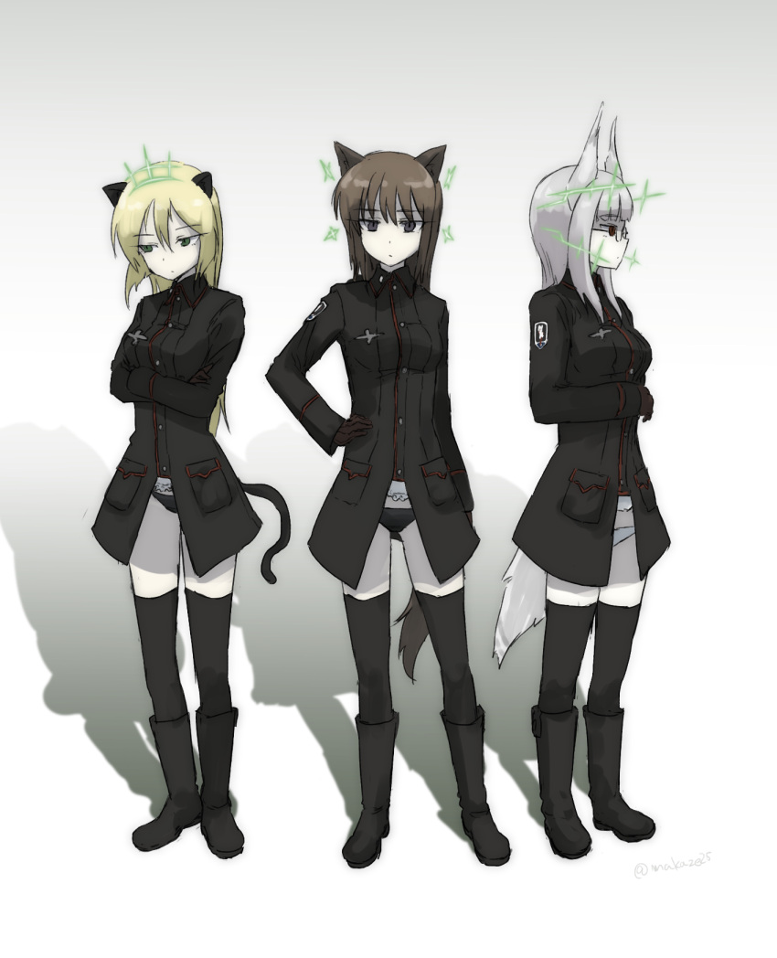 3girls :x animal_ears black_boots black_coat black_gloves black_legwear black_panties blonde_hair boots breasts brown_hair cat_ears cat_tail closed_mouth commentary_request crossed_arms dog_ears dog_tail emblem eyebrows eyebrows_visible_through_hair glasses gloves green_eyes hand_on_hip hand_on_own_chest head_tilt head_wings heidimarie_w_schnaufer heinrike_prinzessin_zu_sayn-wittgenstein helmina_lent highres hirschgeweih_antennas large_breasts long_hair long_sleeves makaze_(t-junction) military military_uniform multiple_girls panties red_eyes shadow simple_background strike_witches tail thigh-highs underwear uniform violet_eyes white_background white_hair white_panties world_witches_series