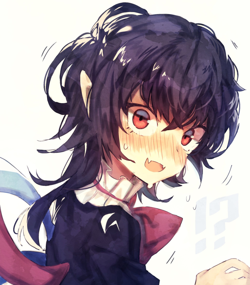 1girl :d asymmetrical_hair asymmetrical_wings bangs bei_mochi black_hair blush bow bowtie fangs from_side highres houjuu_nue long_hair looking_at_viewer looking_to_the_side nose_blush open_mouth pointy_ears red_bow red_bowtie red_eyes smile solo sweat sweating touhou trembling upper_body white_background wings