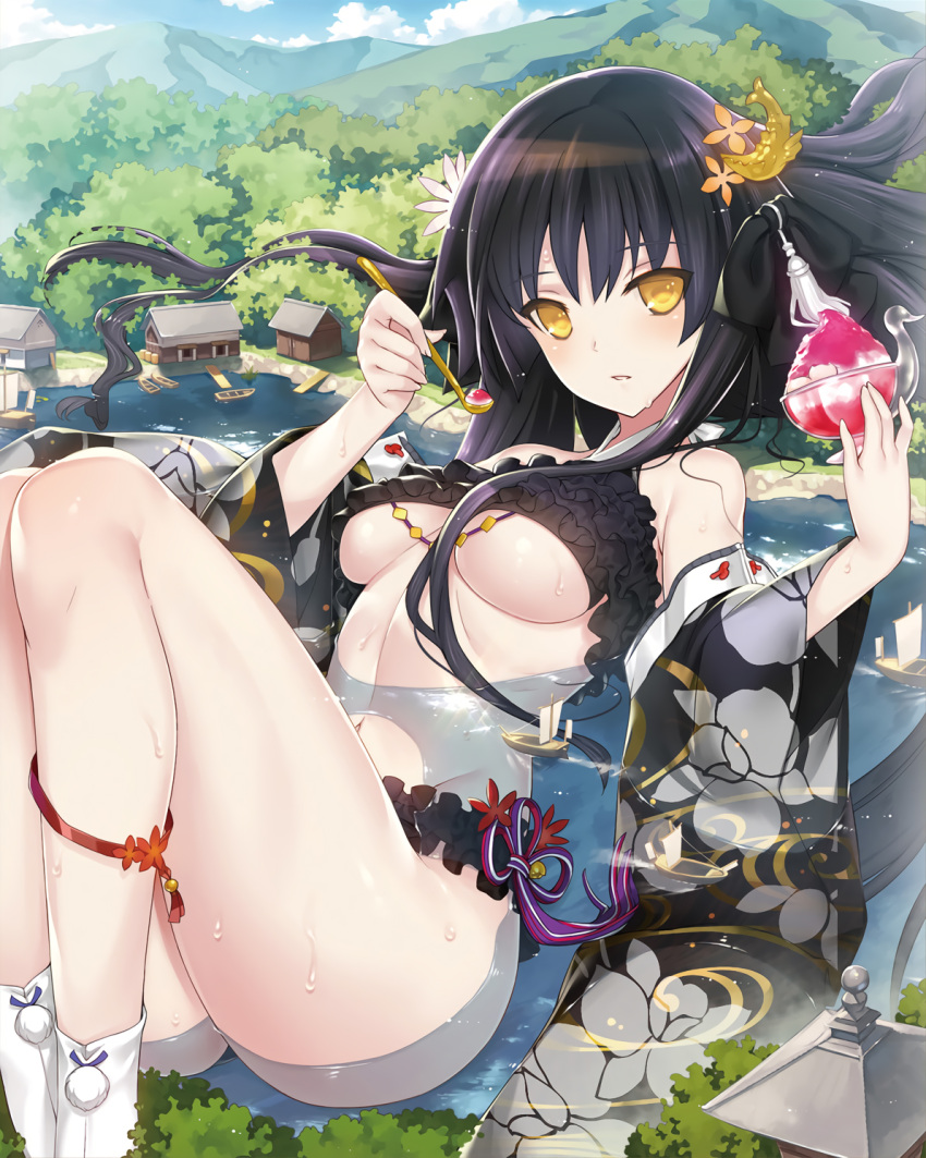 1girl ankleband artist_request bikini black_bikini black_hair bow breasts day dengeki_moeou detached_sleeves frilled_bikini frills giantess hair_bow hair_ornament hair_over_breasts highres long_hair looking_at_viewer medium_breasts navel outdoors parted_lips partially_submerged photoshop sengoku_bushouki_muramasa shaved_ice sidelocks solo sparkle spoon swimsuit tabi under_boob wet wide_sleeves yellow_eyes