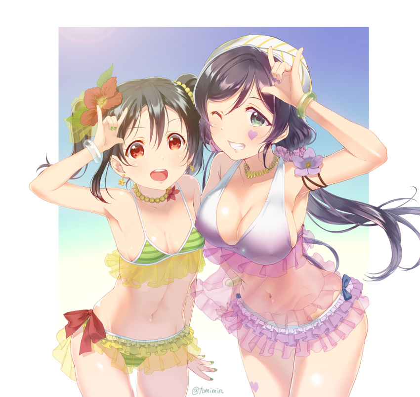 2girls \m/ bikini black_hair bow bracelet breasts double_\m/ flower green_eyes hair_bow hair_flower hair_ornament jewelry leaning_forward long_hair looking_at_viewer love_live! love_live!_school_idol_project low_twintails multiple_girls natsuiro_egao_de_1_2_jump! navel necklace one_eye_closed purple_hair red_eyes scrunchie short_hair small_breasts smile swimsuit tomiwo toujou_nozomi twintails yazawa_nico