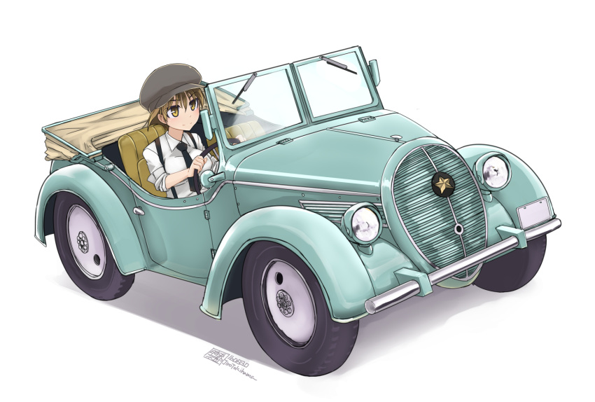 1girl brown_eyes brown_hair cabbie_hat car commentary convertible driving ground_vehicle hat highres imperial_japanese_army military military_vehicle motor_vehicle necktie original short_hair signature simple_background sleeves_rolled_up smile solo suspenders tokihama_jirou white_background world_war_ii