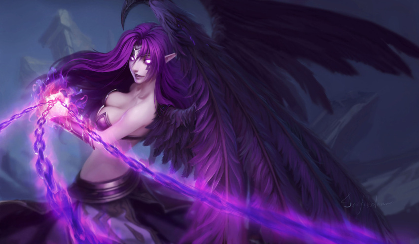 1girl arched_back artist_name black_wings bracer breasts chain circlet cleavage clenched_hand facial_tattoo feathered_wings glowing glowing_eyes highres league_of_legends light_smile lips lipstick long_hair looking_at_viewer magic makeup medium_breasts morgana navel no_pupils nose outdoors pale_skin parted_lips pointy_ears purple_hair purple_lipstick sai_foubalana signature solo tattoo upper_body violet_eyes wings