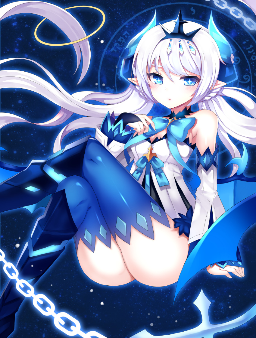 +_+ 1girl absurdres ass blue_background blue_boots blue_bow blue_eyes blue_legwear boots bow chain crossed_legs crown detached_sleeves elsword highres horns knee_boots long_hair looking_at_viewer luciela_r._sourcream noblesse_(elsword) papo pointy_ears solo thigh-highs twintails white_hair