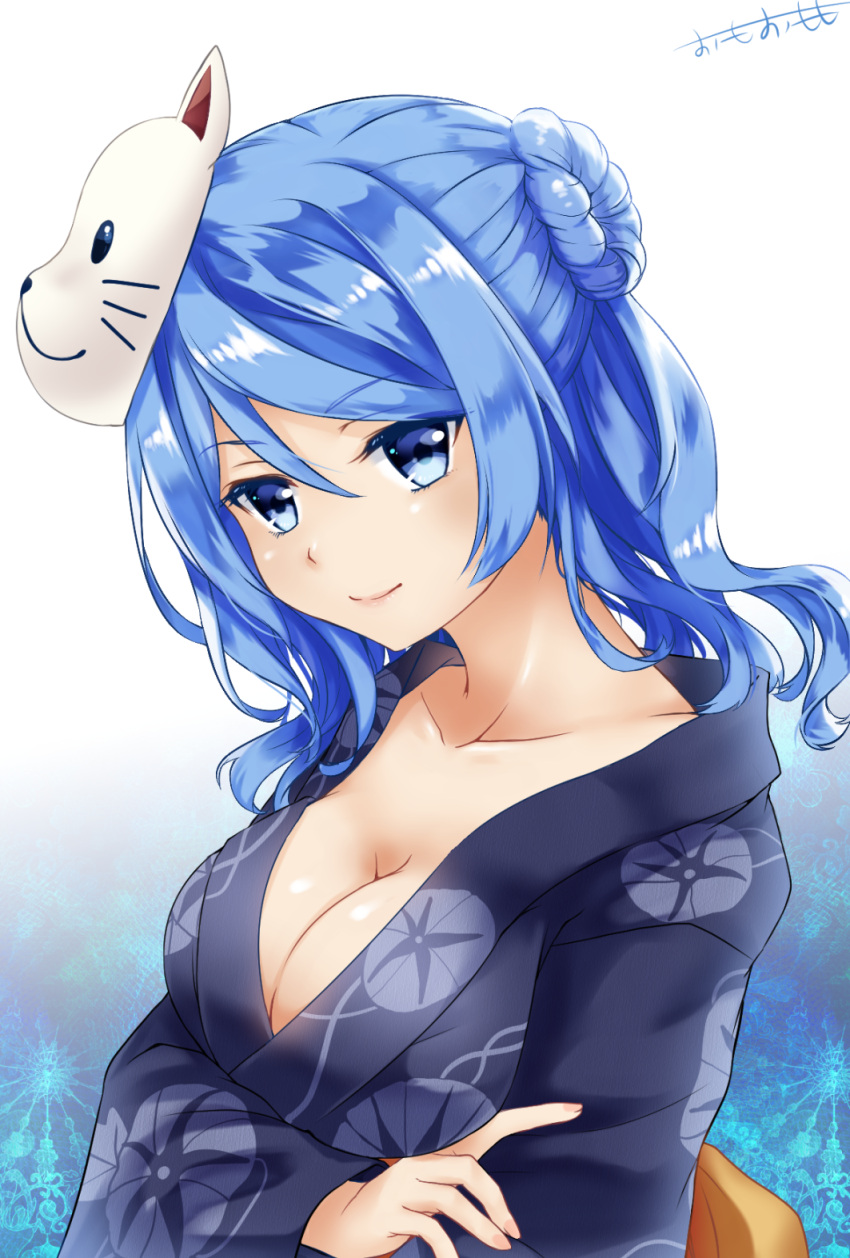 1girl arm_around_waist artist_name blue_eyes blue_hair breasts cleavage collarbone double_bun eyebrows eyebrows_visible_through_hair fox_mask gradient gradient_background highres japanese_clothes kantai_collection kimono large_breasts light_smile mask mask_on_head omoomomo signature smile urakaze_(kantai_collection) wavy_hair yukata
