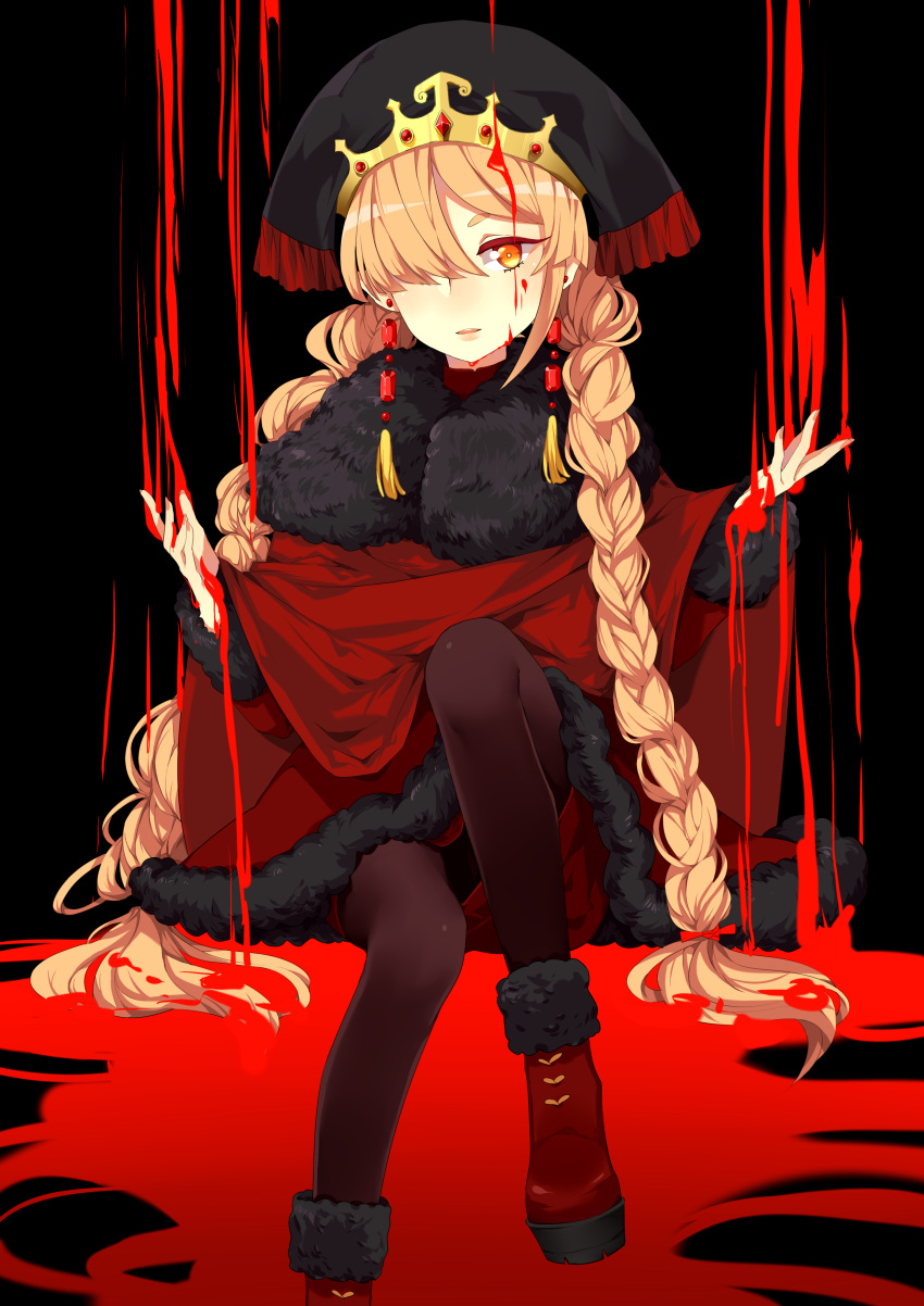 1girl absurdres black_hair blonde_hair blood blood_on_face boots braid crown earrings fur_trim hair_over_one_eye hat highres iiiroha jewelry knee_up long_hair looking_at_viewer nail_polish orange_eyes original pantyhose pool_of_blood sitting sketch solo twin_braids very_long_hair