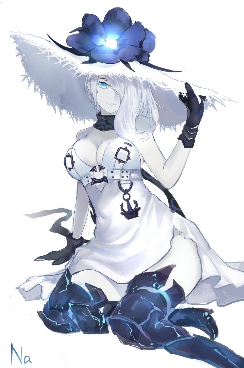 absurdres anchor annnna arm_support armor armored_boots blue_eyes boots breasts choker cleavage gloves hair_over_one_eye hat highres kantai_collection large_breasts long_hair seaport_summer_hime shinkaisei-kan side_slit sitting straw_hat thigh-highs thigh_boots white_skin