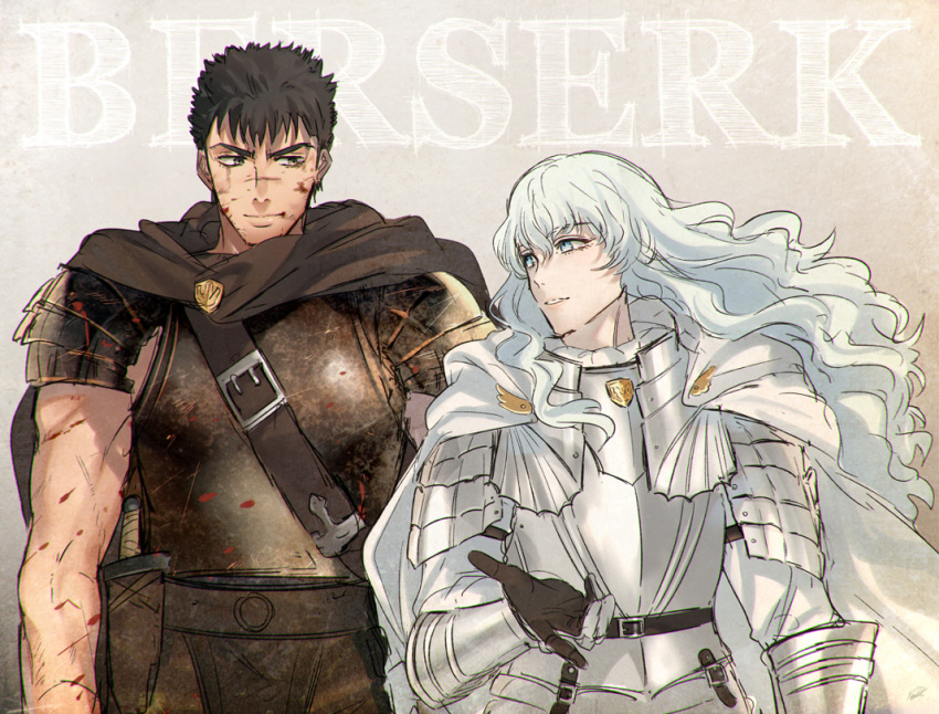 2boys androgynous armor belt berserk cape copyright_name gauntlets griffith guts kippu light_smile long_hair male_focus multiple_boys parted_lips white_hair