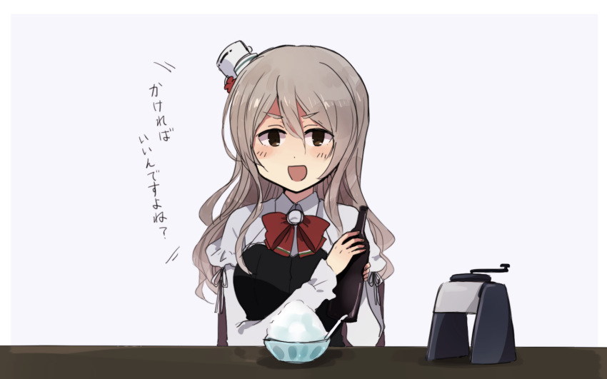 1girl annin_musou bangs bottle bow bowl brown_eyes chair grey_hair hair_between_eyes hat highres holding holding_bottle ice_shaver kantai_collection long_hair looking_at_viewer mini_hat open_mouth pola_(kantai_collection) shaved_ice sitting sketch smile solo spoon translated white_background