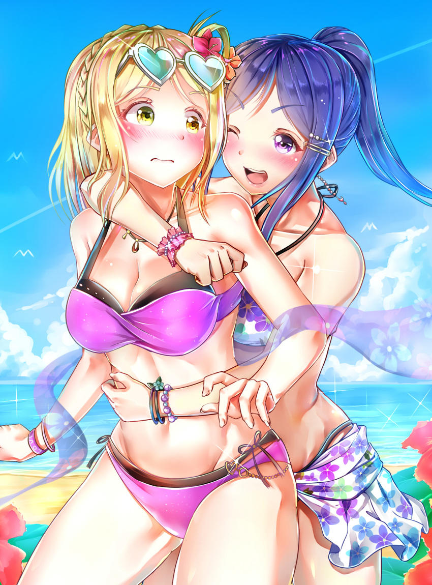 2girls 3: ;d bikini blonde_hair blue_hair bracelet braid hachinatsu heart-shaped_sunglasses highres hug hug_from_behind jewelry layered_bikini long_hair love_live! love_live!_sunshine!! matsuura_kanan multiple_girls ohara_mari one_eye_closed open_mouth ponytail sarong short_hair smile sunglasses sunglasses_on_head swimsuit violet_eyes yellow_eyes