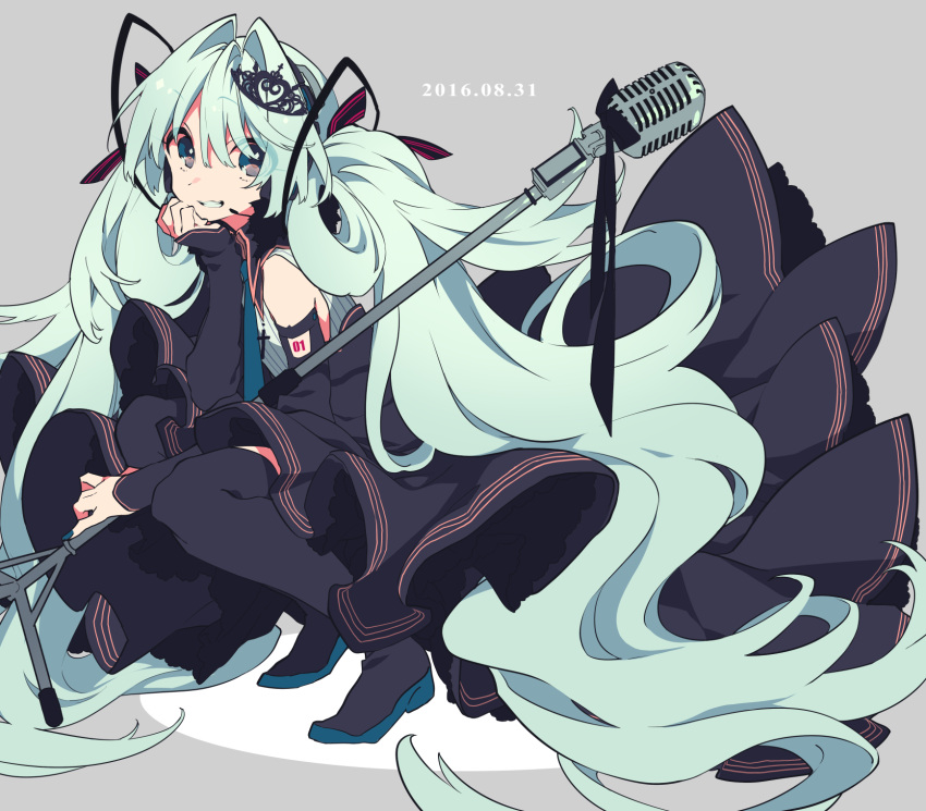 1girl aqua_eyes aqua_hair bare_shoulders black_legwear chin_rest cross dated detached_sleeves frilled_skirt frills grin hair_ribbon hatsune_miku headset highres holding long_hair looking_at_viewer microphone microphone_stand nail_polish necktie ribbon simple_background skirt smile solo squatting striped striped_ribbon thigh-highs tiara twintails very_long_hair vocaloid yamada_kei zettai_ryouiki