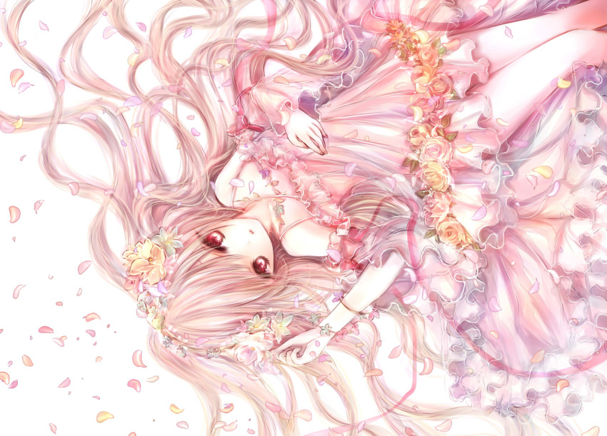 1girl bangs clenched_hand commentary_request criss-cross_halter dress flower frills gown hair_flower hair_ornament halter_top halterneck hand_on_own_chest himemurasaki long_hair lying on_back original parted_lips petals red_eyes ribbon solo wide_sleeves
