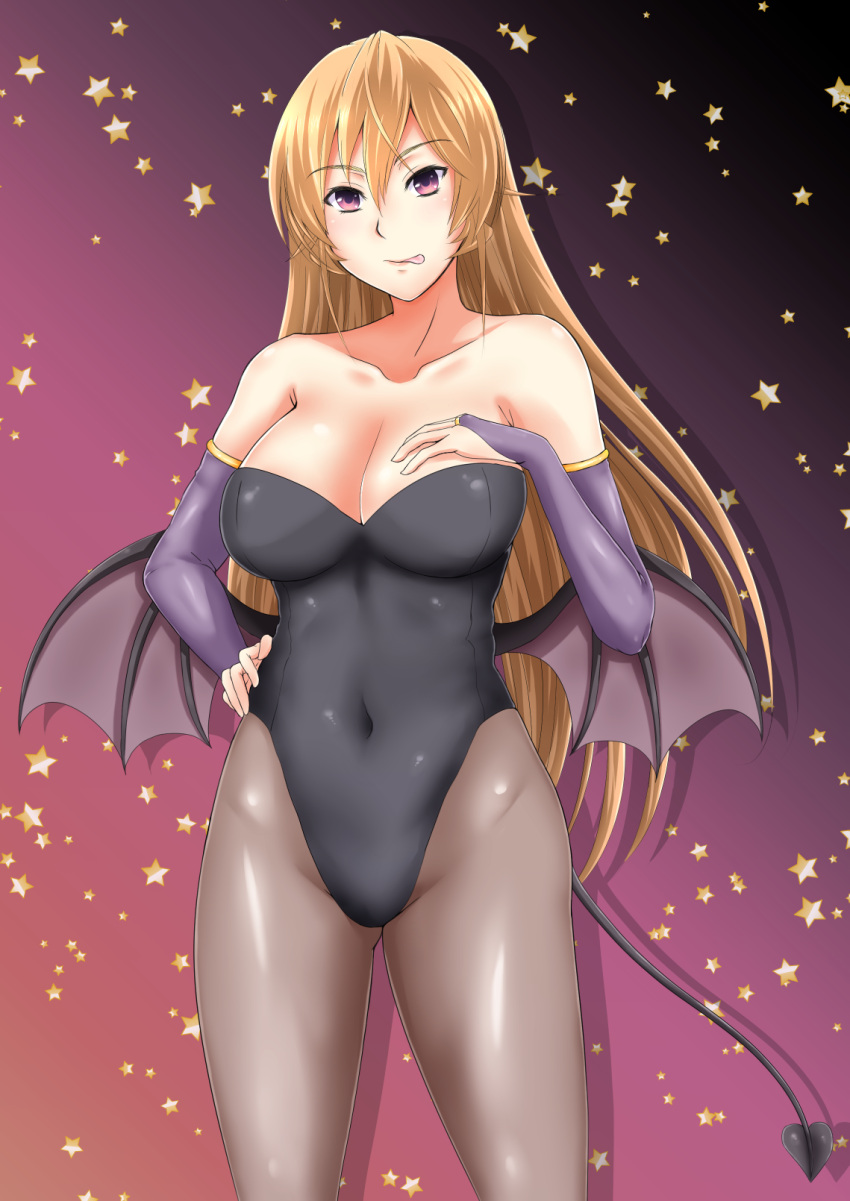 1girl :p alternate_costume bare_shoulders black_legwear blonde_hair blush breasts bridal_gauntlets cleavage collarbone covered_navel cowboy_shot demon_girl demon_tail demon_wings female green_kaminari halloween hand_on_hip hand_on_own_chest happy_halloween highleg highleg_leotard highres large_breasts leotard long_hair looking_at_viewer low_wings nakiri_erina pantyhose playboy_bunny_leotard shokugeki_no_souma solo star starry_background succubus tail tongue tongue_out violet_eyes wings