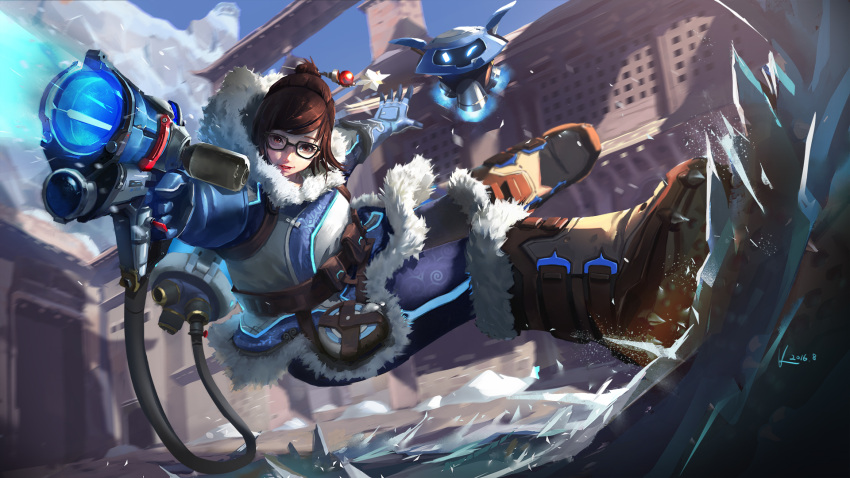 1girl aiming_at_viewer fur_coat fur_trim glasses gun hair_bun hair_ornament hairpin highres ice looking_at_viewer mei_(overwatch) overwatch parted_lips smile snow_boots solo vafar7 weapon