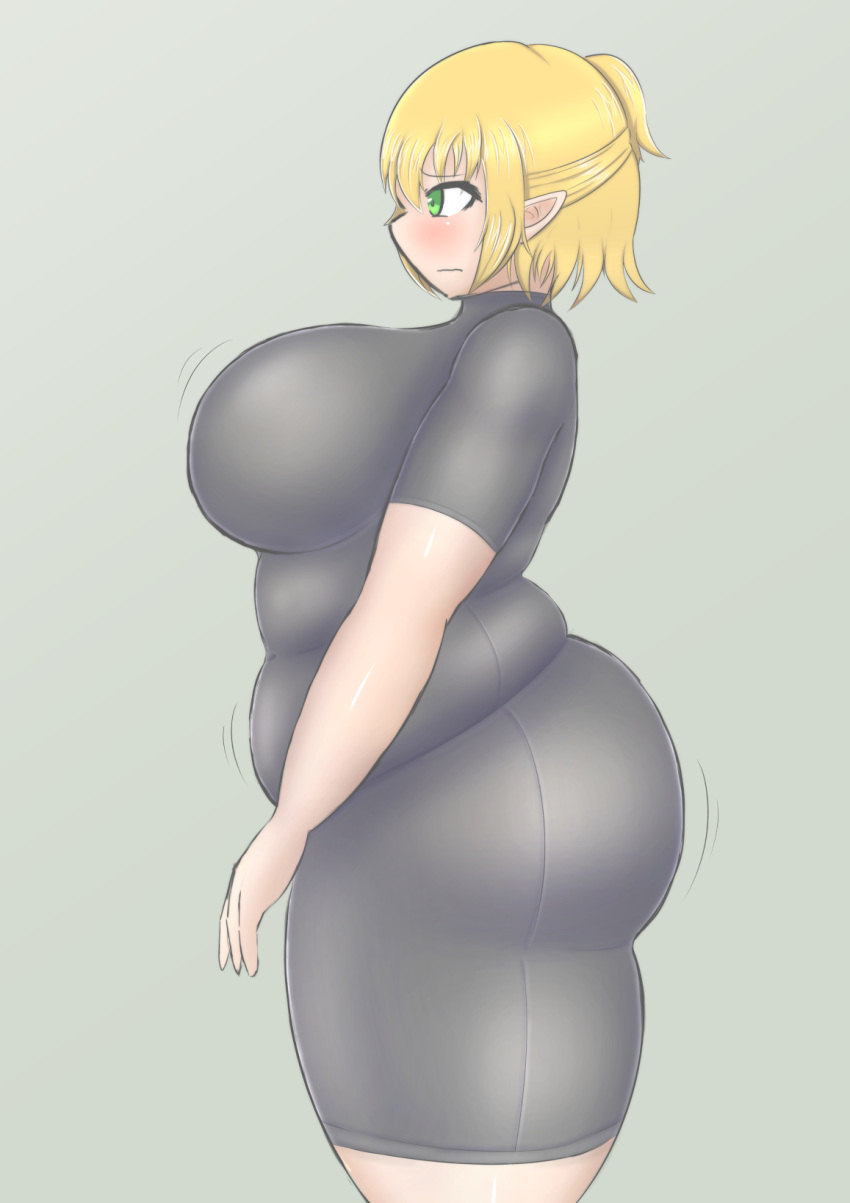 1girl alternate_costume blonde_hair blush bodysuit bouncing_breasts breasts cowboy_shot fat fat_folds green_eyes guroo_(shine119) half_updo highres large_breasts mizuhashi_parsee pointy_ears profile short_hair shy skin_tight solo thick_thighs thighs touhou wavy_mouth