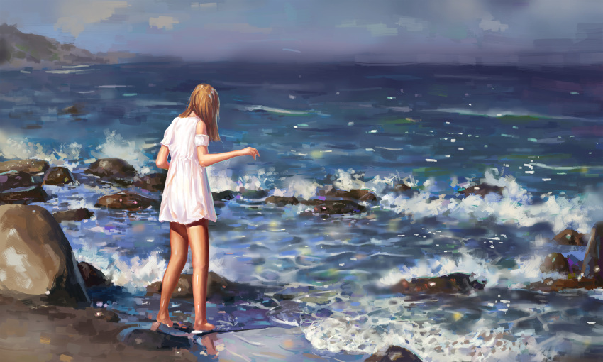 1girl absurdres arms_up bare_legs barefoot blonde_hair clouds day detached_sleeves dress faux_traditional_media from_behind highres horizon long_hair ocean original outdoors rock shoreline solo sundress wading waves yahiro_(666131415)