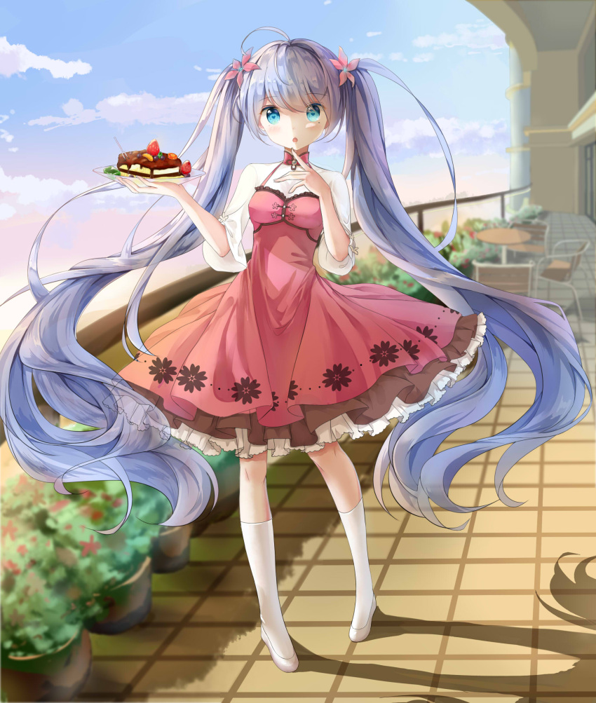 1girl :o ahoge blue_eyes blue_hair blueberry blush chair clouds dress eyebrows eyebrows_visible_through_hair flower food fruit full_body hair_flower hair_ornament hatsune_miku head_tilt highres kneehighs long_hair looking_at_viewer outdoors petticoat pigeon-toed plant plate potted_plant railing red_dress revision shoes silhouette sky solo standing strawberry table twintails very_long_hair vocaloid white_shoes yue_yue