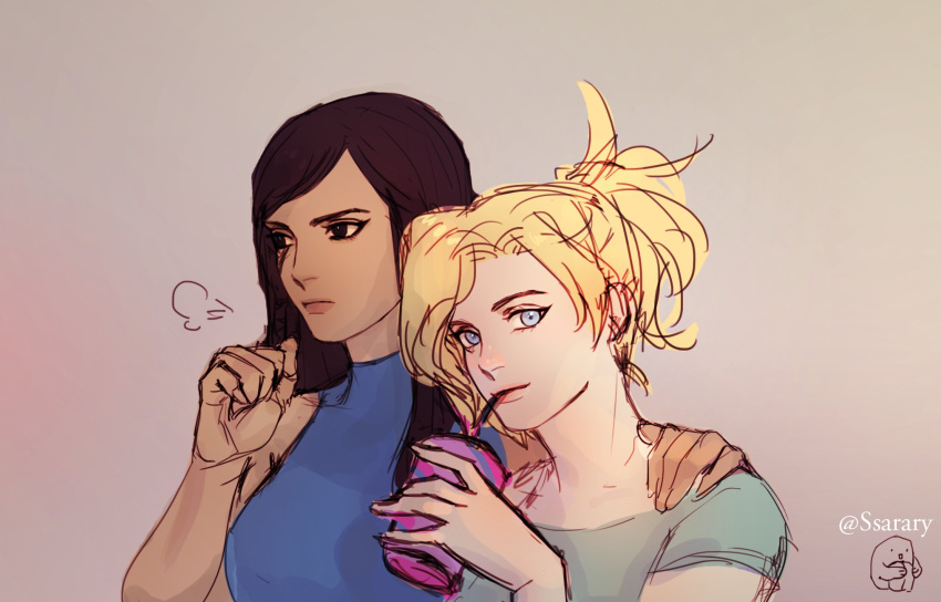 2girls black_eyes blonde_hair blue_eyes blue_shirt braid brown_hair cup dark_skin drinking drinking_cup drinking_straw eyelashes facial_mark facial_tattoo hand_on_another's_shoulder highres holding holding_cup looking_at_viewer mercy_(overwatch) multiple_girls overwatch pharah_(overwatch) ponytail shirt short_hair short_sleeves side_braids sketch sleeveless sleeveless_shirt tattoo turtleneck twitter_username upper_body yuri