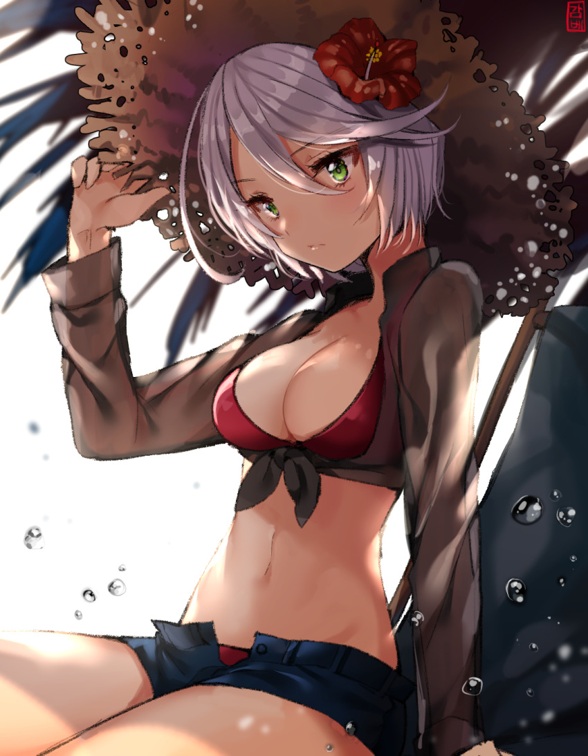 1girl arm_support bikini breasts cleavage crop_top expressionless flower front-tie_top gabe_(seelunto) green_eyes hair_flower hair_ornament hat highres looking_at_viewer midriff navel open_fly see-through shadow shirt short_hair shorts sitting solo straw_hat swimsuit tied_shirt unbuttoned water white_hair