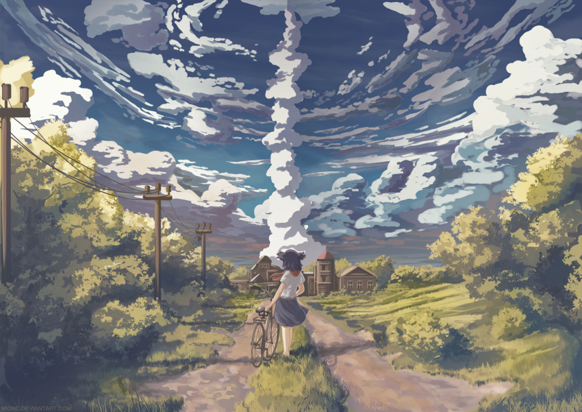 1girl ascot belt bicycle black_hair blue_skirt building clouds cloudy_sky from_behind grass ground_vehicle highres mion_(mionc) original road rural scenery shadow shirt short_hair short_sleeves skirt sky smoke standing telephone_pole tree white_shirt wind