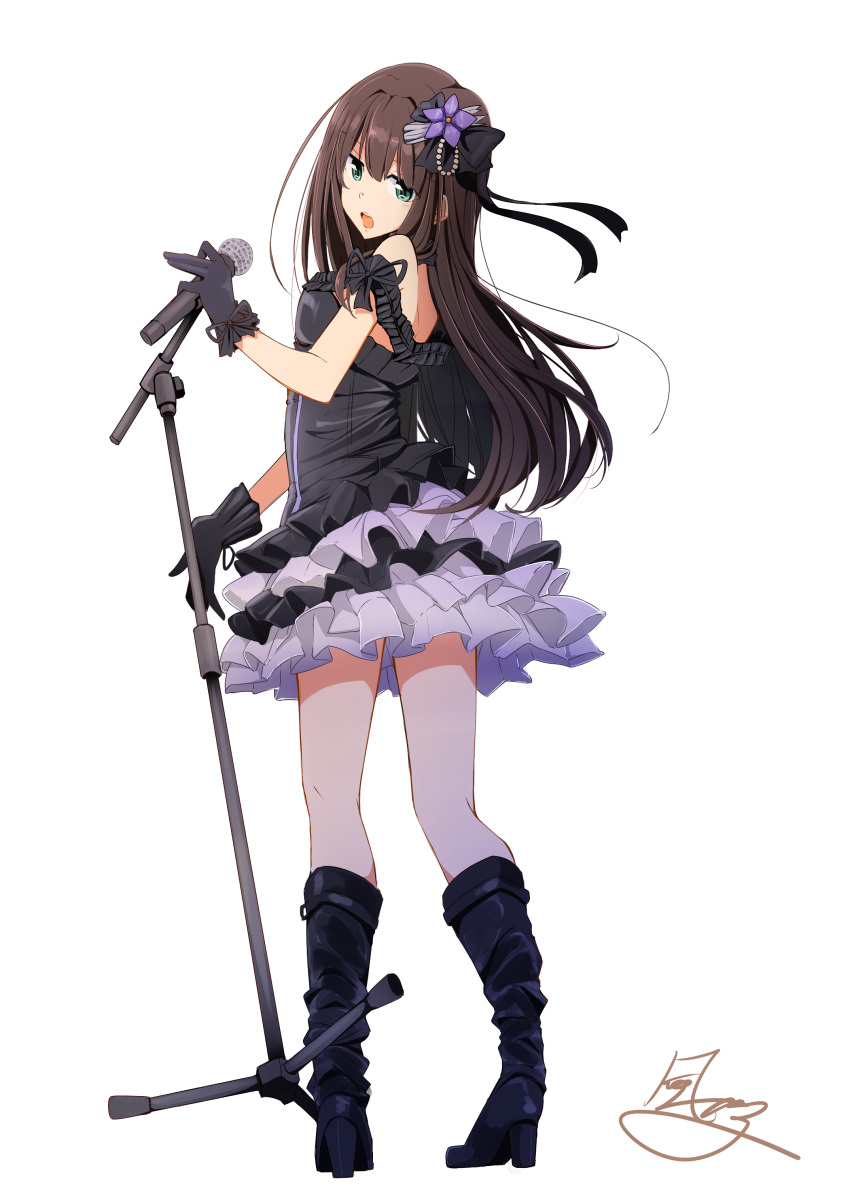 1girl absurdres artist_name bare_shoulders black_dress black_gloves black_gothic_dress_(idolmaster) boots brown_hair commentary_request dress from_behind gloves green_eyes hair_ornament hair_ribbon highres idolmaster idolmaster_cinderella_girls kazenoko knee_boots long_hair looking_at_viewer looking_back microphone microphone_stand open_mouth ribbon shibuya_rin signature simple_background solo white_background