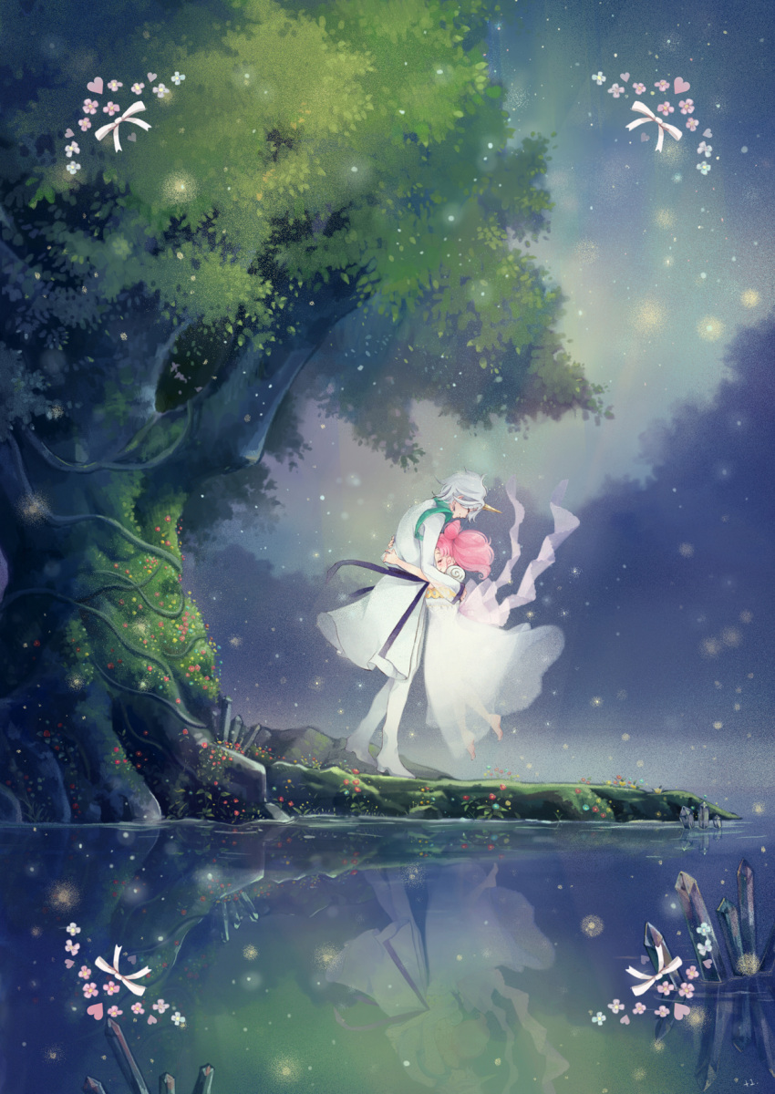 +1_(yakusoku0722) 1boy 1girl artist_name barefoot bishoujo_senshi_sailor_moon chibi_usa closed_eyes crystal double_bun dress flower heart height_difference helios_(sailor_moon) highres horn hug lake pink_hair reflecting_pool signature silver_hair small_lady_serenity tree twintails white_dress