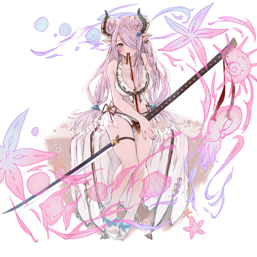 1girl bikini breasts commentary_request doraf granblue_fantasy hair_over_one_eye highres horns katana kento1102 lavender_hair long_hair medium_breasts mouth_hold narumeia_(granblue_fantasy) ootachi pointy_ears ribbon_in_mouth sitting solo swimsuit sword weapon