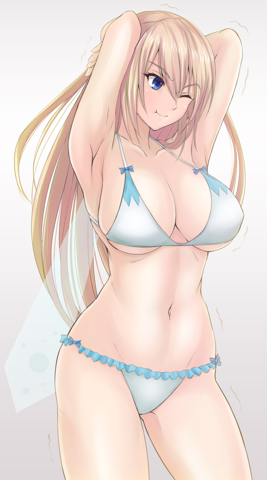 1girl ;t absurdres amagi_brilliant_park armpits arms_behind_head arms_up bikini blonde_hair blue_eyes blush breasts cleavage closed_mouth commentary cowboy_shot fairy_wings green_kaminari groin highres large_breasts long_hair looking_away navel one_eye_closed solo stomach stretch swimsuit sylphy_(amaburi) under_boob white_bikini wings