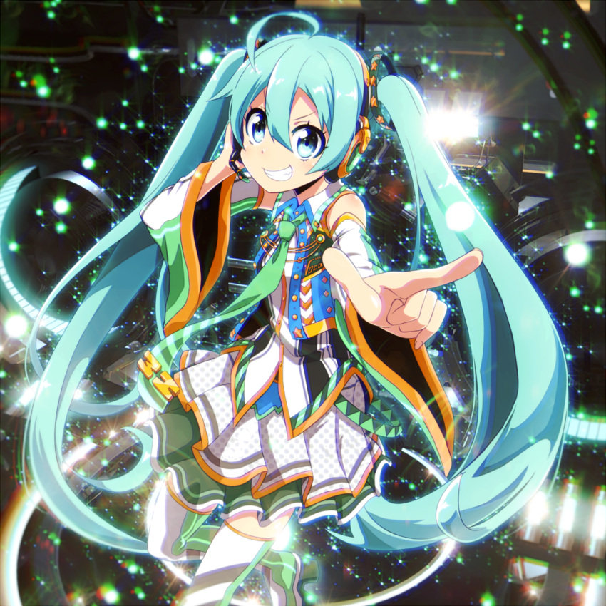 1girl alternate_costume aqua_eyes aqua_hair boots detached_sleeves grin hand_on_headphones hatsune_miku headphones headset highres lens_flare lens_flare_abuse long_hair looking_at_viewer necktie pointing pointing_at_viewer skirt smile solo thigh-highs thigh_boots tom_(drpow) twintails very_long_hair vocaloid