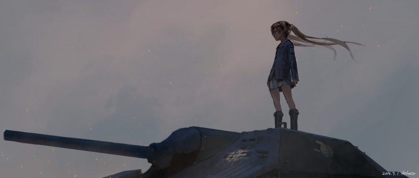 1girl absurdres artist_name boots clenched_hands clouds commentary dark dated girls_und_panzer ground_vehicle hettsuaa highres jagdpanzer_38(t) kadotani_anzu light_brown_hair long_hair looking_afar military military_vehicle motor_vehicle profile serious sketch skirt sky solo sparks standing tank twintails uniform wind
