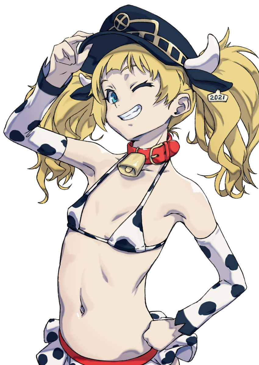 1girl 2021 animal_ears animal_print arad_baranga arm_up bell bikini blonde_hair blue_eyes breasts chinese_zodiac collar collarbone covered_nipples cow_horns cow_print cowbell detached_sleeves ear_tag fake_animal_ears hand_on_headwear hand_on_hip highres horns horns_through_headwear large_breasts long_hair navel neck_bell one_eye_closed red_collar shingeki_no_bahamut simple_background skirt small_breasts smile solo swimsuit teeth twintails white_background white_horns year_of_the_ox