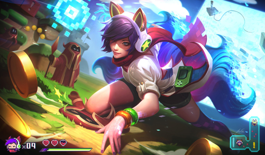 &gt;_&lt; 1girl ^_^ ahri alex_flores all_fours alternate_costume animal_ears arcade_ahri bangle black_shorts blue_eyes bracelet brown_gloves closed_eyes closed_mouth clouds coin controller dutch_angle fake_screenshot final_boss_veigar fox_ears fox_tail gloves glowing glowing_hand grass hair_over_one_eye handheld_game_console headphones health_bar heart highres holding holding_weapon hood jewelry joystick league_of_legends mole mole_under_eye multiple_tails nail_polish number official_art on_ground pixels polearm puffy_short_sleeves puffy_sleeves purple_hair purple_legwear purple_nails red_scarf riot_games robe scarf shirt short_shorts short_sleeves shorts single_thighhigh smile spear standing tail thigh-highs veigar weapon white_shirt |_|