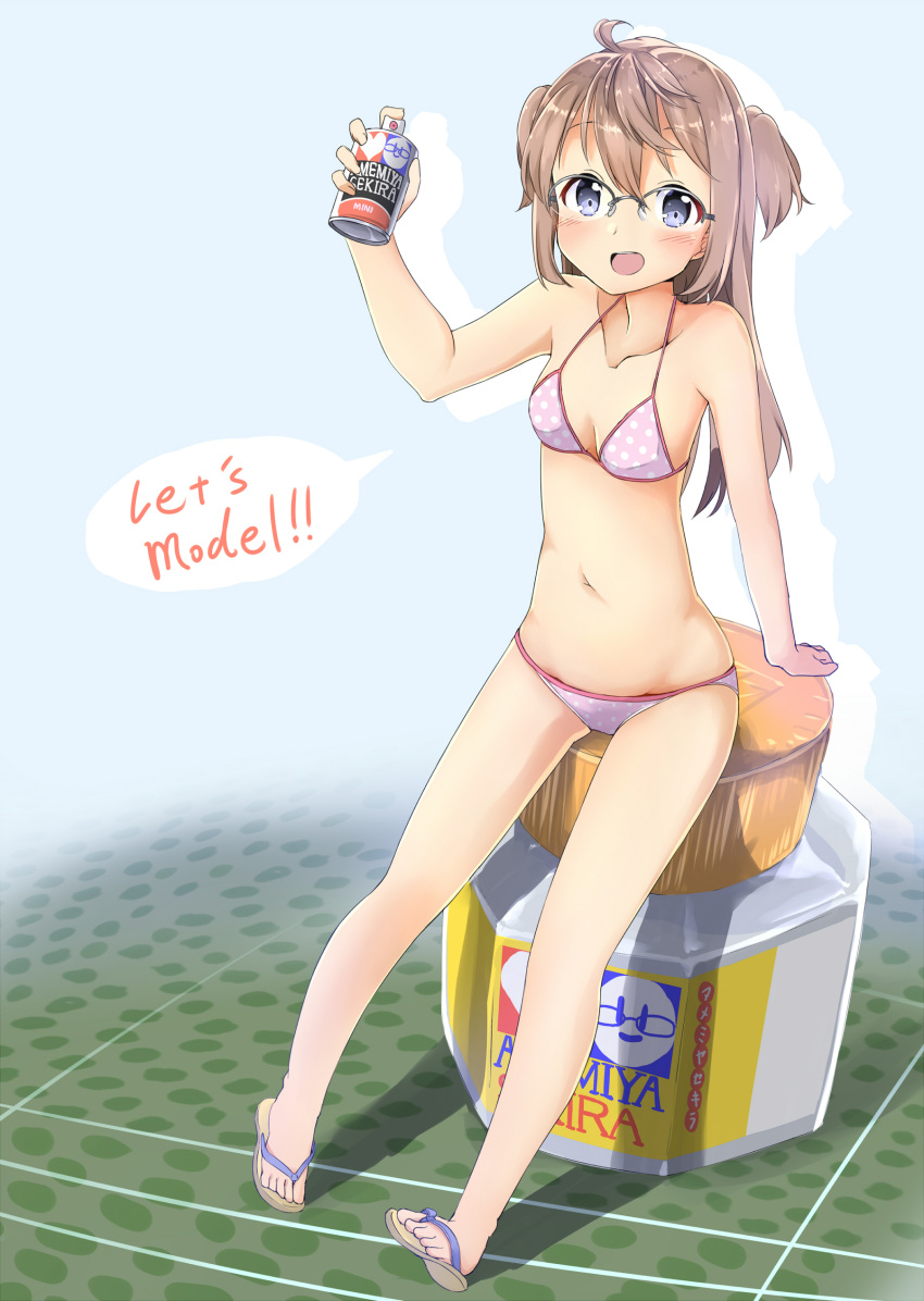 1girl absurdres ahoge amemiya_sekira arm_support arm_up bikini blue_eyes blush bottle breasts brown_hair character_name collarbone english full_body glasses groin highres long_hair looking_at_viewer navel open_mouth original oversized_object polka_dot polka_dot_bikini purple_bikini sandals sekira_ame sitting small_breasts solo speech_bubble spray_can stomach swimsuit twintails two_side_up