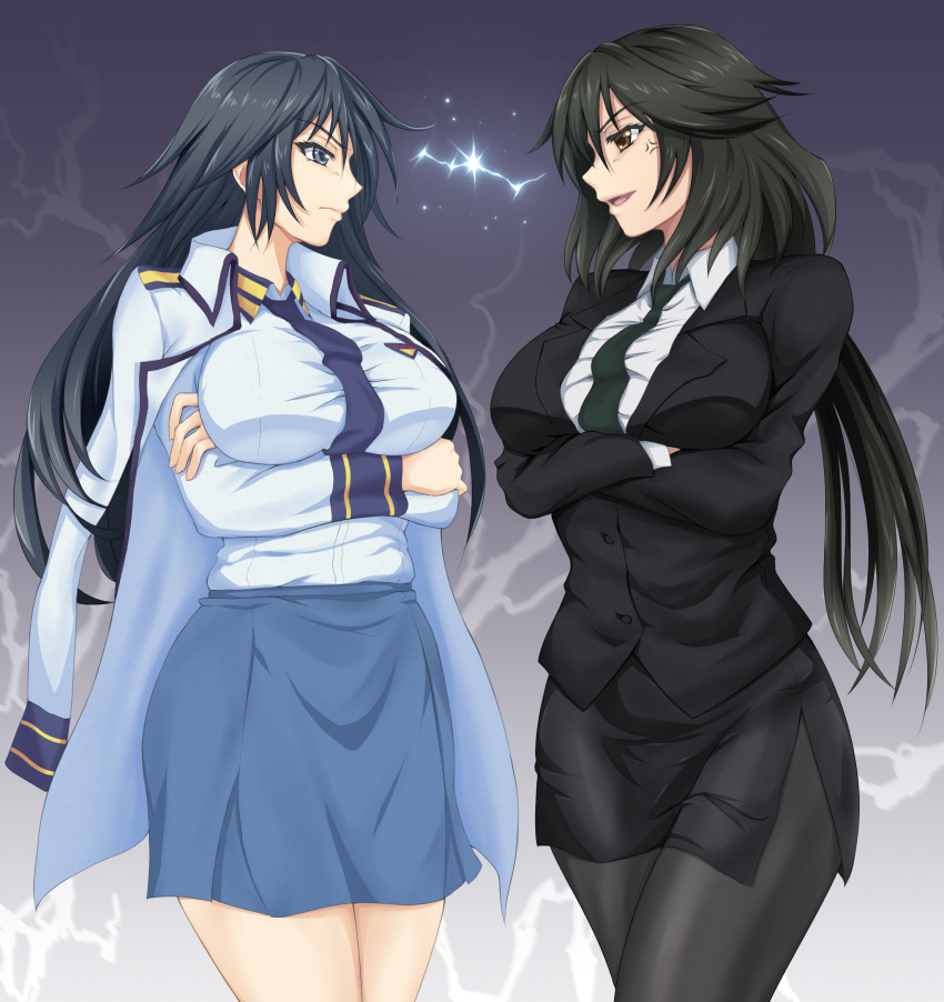 &gt;:) 2girls anger_vein black_eyes black_hair black_legwear black_necktie black_skirt blue_necktie blue_skirt breast_hold breasts brown_eyes closed_mouth commentary cowboy_shot crossed_arms crossover eye_contact formal from_side green_kaminari hida_reiri highres infinite_stratos jacket_on_shoulders large_breasts long_hair long_sleeves looking_at_another masou_gakuen_hxh military military_uniform miniskirt multiple_girls necktie orimura_chifuyu pantyhose parted_lips profile side_slit skirt skirt_suit suit teacher trait_connection uniform