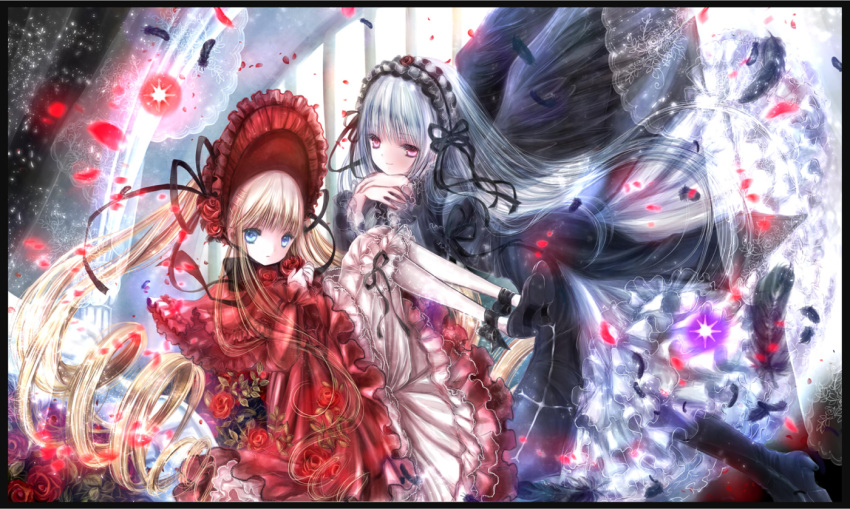 2girls ankle_ribbon bangs black_border black_dress black_feathers black_ribbon black_shoes blonde_hair bloomers blue_eyes bonnet border capelet chin_rest commentary_request curly_hair curtains dress floating flower frills hairband hands_together himemurasaki lolita_fashion lolita_hairband long_hair looking_at_another looking_at_viewer multiple_girls petals red_dress red_eyes red_rose ribbon rose rozen_maiden shinku shoes silver_hair suigintou transparent twintails underwear very_long_hair wings