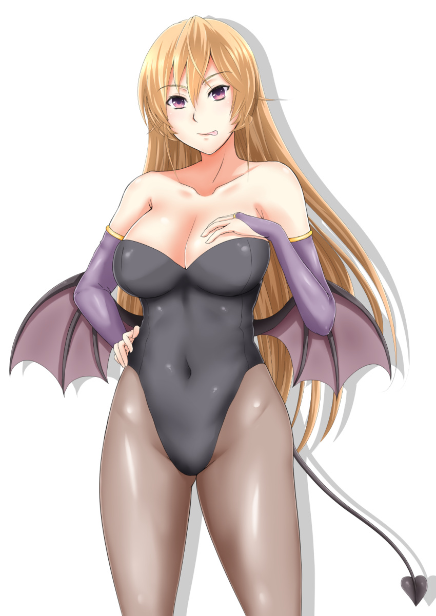 1girl :p alternate_costume bare_shoulders black_legwear blonde_hair blush breasts bridal_gauntlets cleavage collarbone covered_navel cowboy_shot demon_girl demon_tail demon_wings green_kaminari halloween hand_on_hip hand_on_own_chest happy_halloween highleg highleg_leotard highres large_breasts leotard long_hair looking_at_viewer low_wings nakiri_erina pantyhose playboy_bunny_leotard shokugeki_no_souma solo star succubus tail tongue tongue_out violet_eyes white_background wings