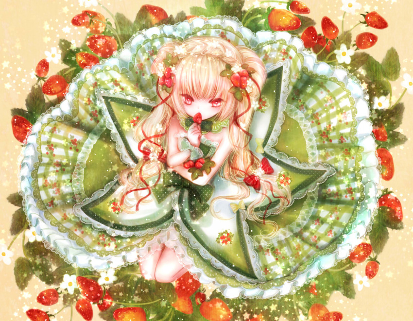 1girl bangs blonde_hair bow braid commentary_request covering_mouth crossed_arms crown_braid dress flower food food_themed_hair_ornament frills fruit green_bow hair_bow hair_ornament hair_ribbon himemurasaki lace lolita_fashion looking_at_viewer original red_bow red_eyes red_ribbon ribbon seiza sitting solo strapless strapless_dress strawberry strawberry_hair_ornament two_side_up wrist_bow