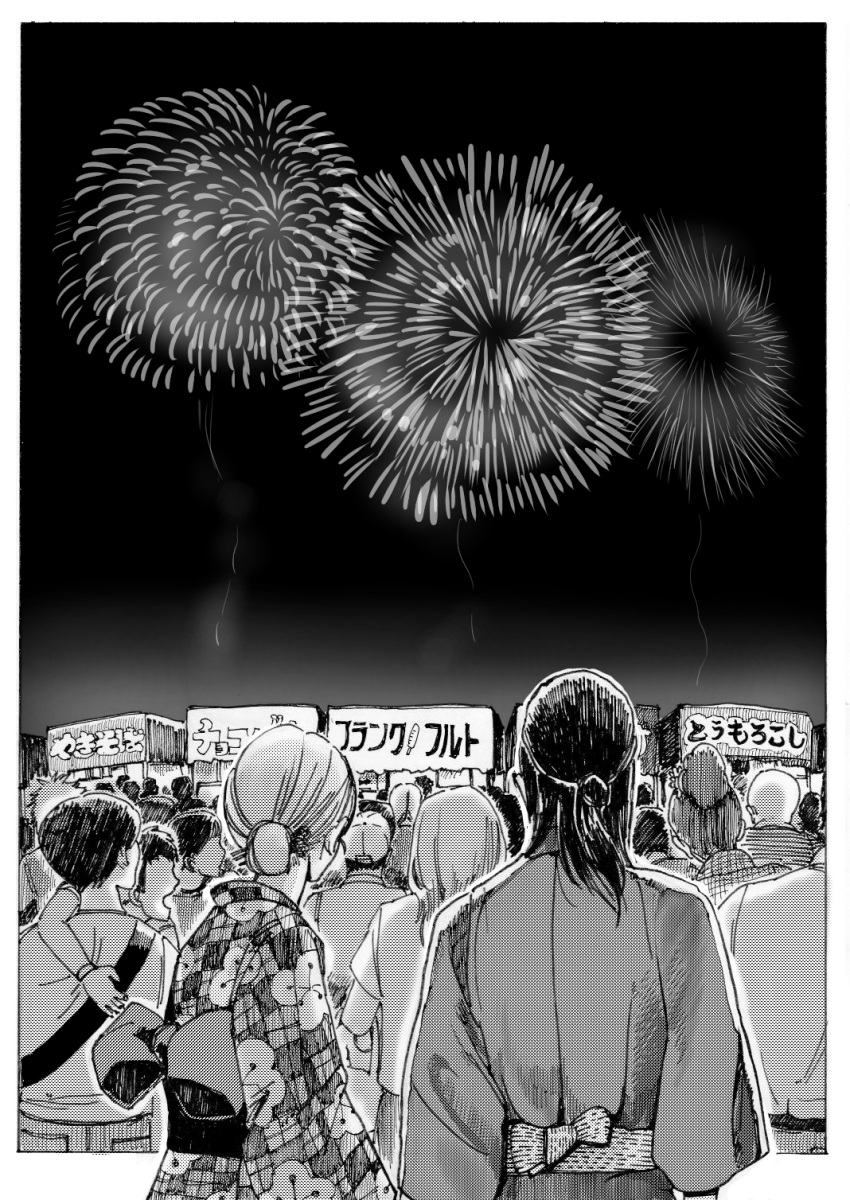comic contemporary fireworks greyscale highres japanese_clothes kimono long_hair mamezou_(mamechan182) monochrome nara_shikamaru naruto obi sash short_hair summer_festival temari yukata
