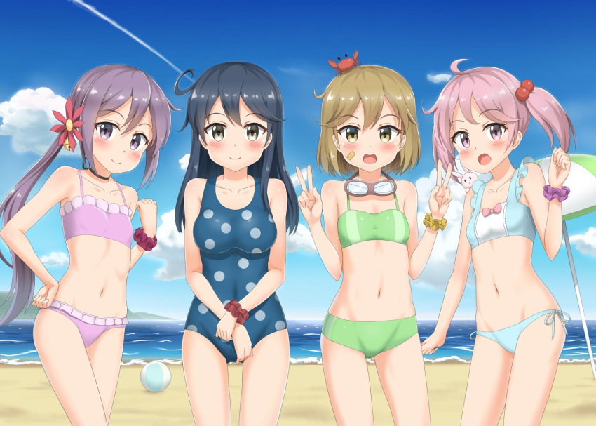 4girls akebono_(kantai_collection) ball bandaid bandaid_on_face beach beach_umbrella beachball bikini black_hair blush breasts brown_eyes brown_hair casual_one-piece_swimsuit clenched_hand clouds condensation_trail crab double_v flat_chest flower goggles goggles_around_neck hair_bobbles hair_flower hair_ornament hand_on_hip highres kantai_collection long_hair multiple_girls navel nedia_r oboro_(kantai_collection) ocean one-piece_swimsuit open_mouth pink_eyes pink_hair polka_dot polka_dot_swimsuit ponytail purple_hair rabbit sazanami_(kantai_collection) scrunchie side-tie_bikini sky smile swimsuit twintails umbrella ushio_(kantai_collection) v very_long_hair violet_eyes wrist_scrunchie