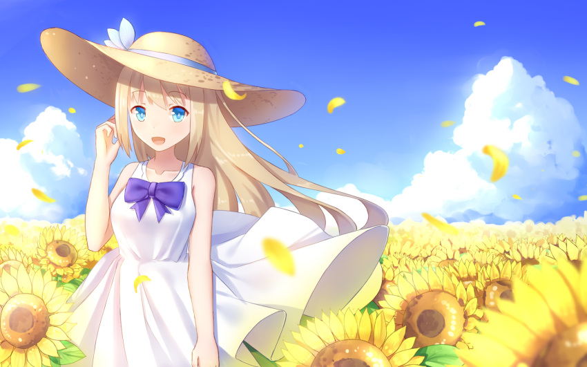1girl bare_arms bare_shoulders blonde_hair blue_eyes bow bowtie clouds commentary_request dress flower hat highres ji_dao_ji lexington_(zhan_jian_shao_nyu) long_hair looking_at_viewer open_mouth outdoors sky straw_hat sun_hat sundress sunflower uss_lexington_(cv-2) white_dress zhan_jian_shao_nyu
