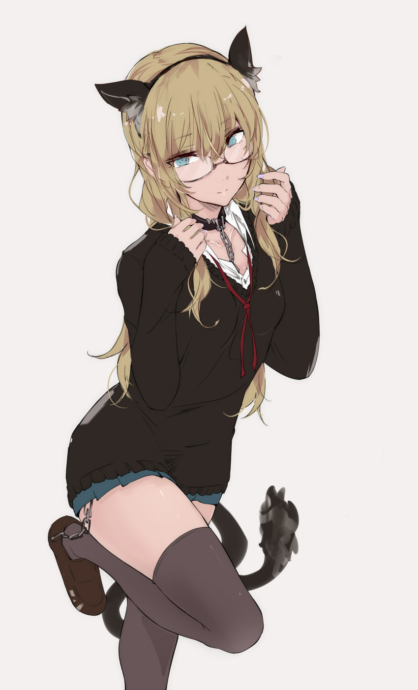1girl absurdres animal_ears blonde_hair blue_eyes cat_ears cat_tail chain collar glasses headband highres loafers long_hair nail_polish original shoes simple_background skirt smile solo standing standing_on_one_leg sweater tail thigh-highs touma_kisa zettai_ryouiki