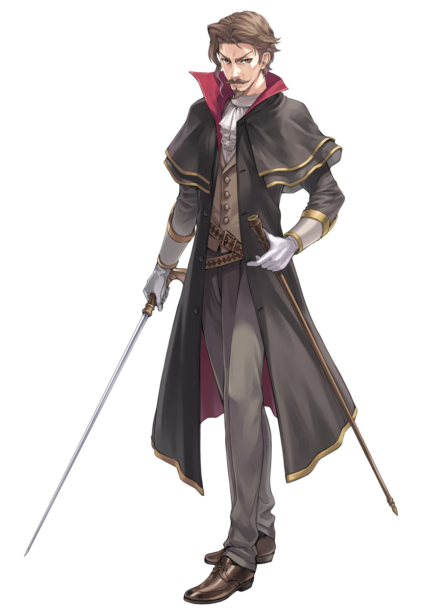 1boy absurdres atelier_(series) atelier_rorona beard brown_eyes brown_hair capelet facial_hair full_body gio_(atelier_rorona) gloves highres kishida_mel ludwig_giovanni_arland mustache official_art simple_background sword weapon white_background