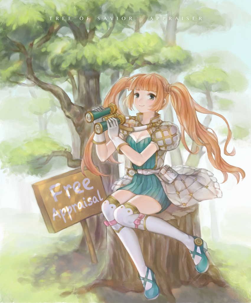 1girl anshu_(o9jucea) aqua_shoes binoculars brown_hair copyright_name gloves highres long_hair outdoors pouch ribbed_sweater shoes sign sitting smile solo sweater thigh-highs tree tree_of_savior tree_stump twintails white_gloves white_legwear