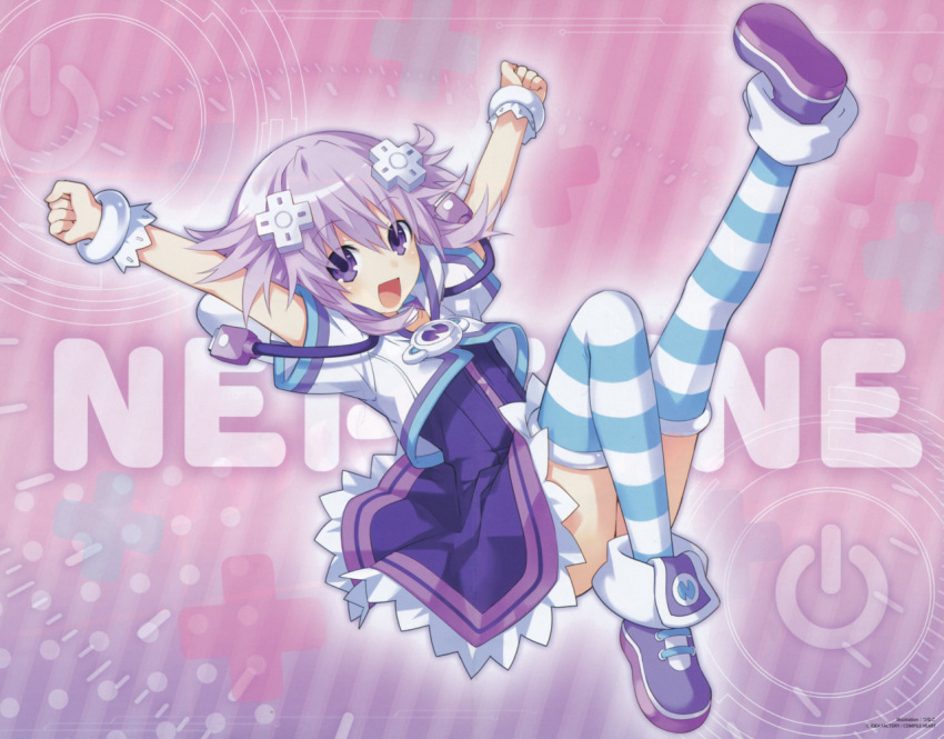 1girl character_name d-pad game_cg hair_ornament looking_at_viewer neptune_(choujigen_game_neptune) neptune_(series) official_art open_mouth purple_hair short_hair smile solo striped striped_legwear tsunako violet_eyes
