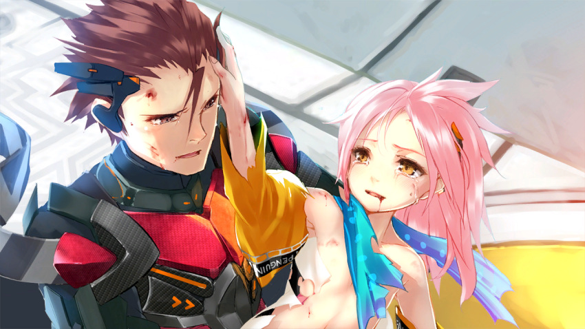 1boy 1girl ar_nosurge blood blood_from_mouth blood_on_face brown_eyes brown_hair clothes_writing collarbone crying crying_with_eyes_open delta_lantanoir detached_sleeves english flat_chest game_cg hair_between_eyes hand_on_another's_head long_hair ntny official_art parted_lips pink_hair prim_(ar_nosurge) scratches short_hair spoilers surge_concerto tears torn_clothes torn_sleeves