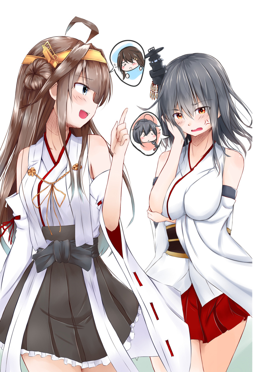 &gt;_&lt; &gt;o&lt; 4girls absurdres ahoge anger_vein bare_shoulders black_hair brown_hair closed_eyes commentary detached_sleeves flying_sweatdrops hair_flaps hair_ornament hairclip haruna_(kantai_collection) headgear highres kantai_collection kongou_(kantai_collection) long_hair multiple_girls namikawa_kuroha nontraditional_miko orange_eyes pleated_skirt remodel_(kantai_collection) shigure_(kantai_collection) short_hair skirt yamashiro_(kantai_collection)