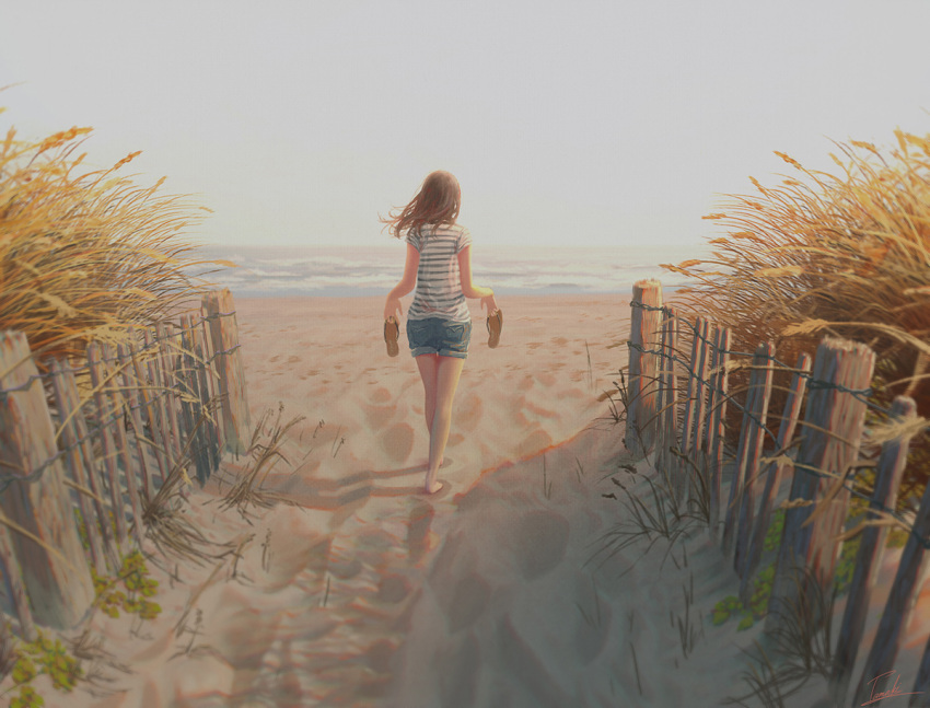 1girl artist_name barefoot beach brown_hair commentary denim denim_shorts fence footprints from_behind holding long_hair original outdoors plant revision sandals shirt shorts signature silhouette solo striped striped_shirt tamaki_(tamaki_illust) walking water wind wooden_fence