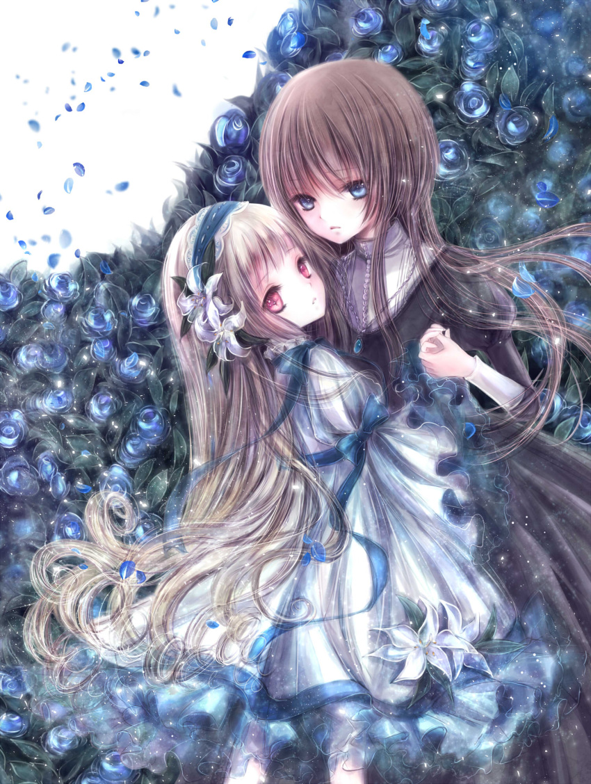 2girls bangs black_dress black_hair blonde_hair blue_eyes blue_ribbon blue_rose commentary_request cover cover_page dress flower frills hair_flower hair_ornament hairband highres himemurasaki holding_hands jewelry juliet_sleeves light_frown lily_(flower) lolita_hairband long_hair long_sleeves looking_at_another looking_at_viewer looking_back multiple_girls original parted_lips pendant petals puffy_sleeves red_eyes ribbon rose very_long_hair white_dress wide_sleeves yuri